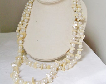 Vintage 1960s MOTHER of PEARL NECKLACE 2 Strand Statement Faux Pearl 25-28” Japan