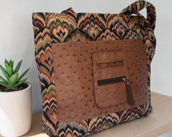 TAPESTRY TOTE BAG with Faux Ostrich Leather Pocket