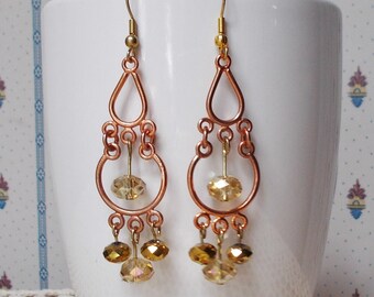 Copper & Crystal DANGLE EARRINGS Drop Glass Bead Yellow Aurora Borealis 2 3/4" Handmade