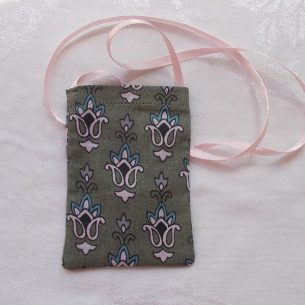 Gray Tulip CELLPHONE POUCH Cotton Pale Pink Aqua Flip Phone Mini Neck Purse Gadget Bag 3" x 4.25" Cell Phone Case with Pocket