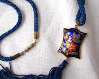 Vintage Cloisonné PENDANT NECKLACE 2-Sided Butterfly Floral w/Tassel On Blue Cord