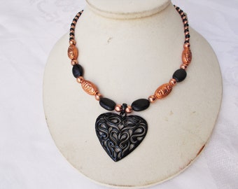 Black & Copper GEMSTONE NECKLACE Hematite Gold Bead Heart Pendant 17" - 19" Handmade .19