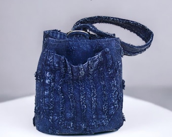 Denim Blue Chenille Box Bag Wristlet with Stonewashed Stripes .2