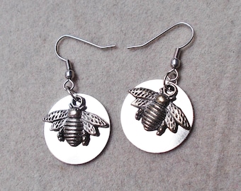 Honey Bee DANGLE EARRINGS Drop Silvertone Metal Disc Charm 1 3/4" Handmade