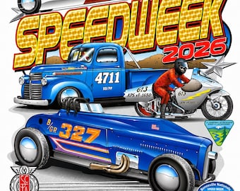 Pôster do evento SPEEDWEEK 2026, branco, 78ª edição anual da Bonneville Speedweek, 45,7 x 61 cm – Arte oficial do evento da SCTA. Para encomendar mais de um, veja abaixo.