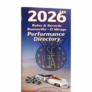 May include: A 2026 Performance Directory with a blue and white cover. The cover features the text "2026", "Rules & Records", and "Performance Directory". It also includes images of a race car and motorcycle.