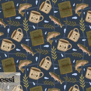May include: A seamless pattern on a dark blue background featuring illustrations of trout, olive green journals labelled Adventures Notes, and cream-coloured mugs with the text Early Rise Good Vibes, interspersed with light green leafy sprigs.