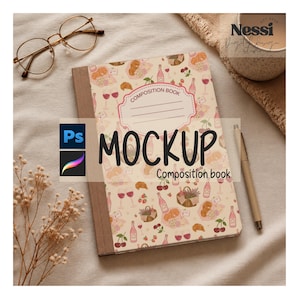 May include: A composition book with a beige cover featuring a picnic-themed pattern of wine bottles, cherries, and croissants. The word "MOCKUP" is prominently displayed, along with the text "Composition book". A pen and glasses are also visible.