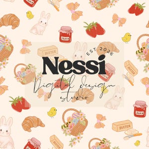 May include: A repeating pattern with Easter-themed illustrations. The design includes bunnies, baskets of decorated eggs, croissants, jam jars, butter, bows, strawberries, and chicks. The text "Nessi Digital Design Studio" is also present.