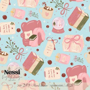 May include: A repeating pattern on a light blue background featuring pink armchairs, stacks of books, mugs with candy canes, snow globes, gift boxes, and tags with the text "Just one more chapter" and "Dear Santa, all I want is more books."