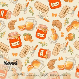 May include: A repeating pattern featuring orange jam jars with checkered lids, butter sticks labelled 'BUTTER', croissants, orange slices, pitchers of juice, and small flowers. The design includes the text 'Nessi Digital Studio' and '300 DPI | Hand-drawn | sRGB | 4000px x 4000px'.