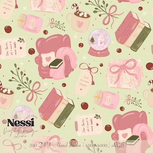 Puede incluir: Un patrón repetitivo sobre un fondo verde claro que presenta sillones rosas con mantas, pilas de libros, bolas de nieve, tazas con bastones de caramelo, cajas de regalo con lazos y etiquetas con el texto "Dear Santa, all I want is more books" y "Just one more chapter."