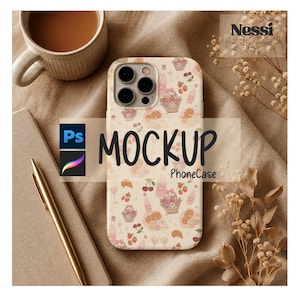 May include: A phone case mockup with a cream-colored background, featuring a pattern of wine bottles, cherries, and floral baskets. The word "MOCKUP" is prominently displayed, along with the text "PhoneCase". A cup of coffee, a pen, and a notebook are also visible.