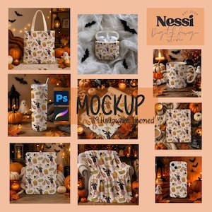 May include: A collection of nine Halloween-themed mockups featuring a repeating pattern of scarecrows, pumpkins, and autumn leaves on various items including a tote bag, AirPods case, mug, tumbler, notebook, tablet case, blanket, and phone case.