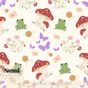 Può includere: Un motivo stravagante con funghi con cappello rosso a pois bianchi, rane verdi, farfalle viola, fiori e piccole buste. Il design include un bottone vintage e il testo "Nessi Digital design studio". Lo sfondo è beige chiaro.