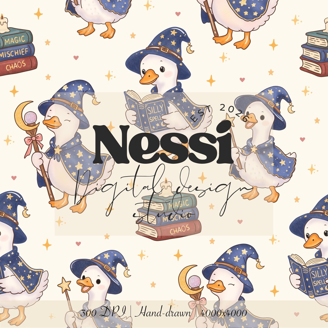 Goose Using Magic Wizard Goose Seamless Pattern PNG, Kawaii Magic Duck Digital Paper ...