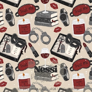 May include: A repeating pattern featuring illustrations of red sleep masks with the text Trust Me, black wristwatches, candles labeled Vanilla & Leather, stacks of books, handcuffs, red lipstick, wine glasses, and black masks with tags reading You are Mine.