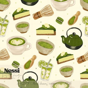 Könnte beinhalten: Ein nahtloses Muster mit Matcha-Themen-Illustrationen. Das Design umfasst Matcha-Tee, Käsekuchen, Teetassen, einen Schneebesen, eine Teekanne und einen Löffel. Die Farbpalette ist hauptsächlich grün und beige, mit einem handgezeichneten Stil. Der Text "Nessi Digital Design Studio" ist sichtbar.