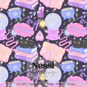 May include: A repeating pattern on a dark background featuring illustrations of black cats on stacked books, purple cauldrons with pentagrams, crystal balls, pink ouija boards, candles, and pink signs labeled Apothecary Potions Elixirs Brews.
