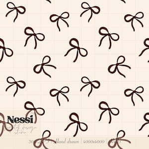 Puede incluir: Un patrón repetitivo de lazos marrones oscuros sobre un fondo crema con una sutil cuadrícula. Los lazos están dibujados a mano y dispersos por la superficie. La imagen incluye el texto "Nessi Digital Design Studio", "300 DPI", "Hand-drawn" y "4000x4000".