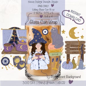May include: A digital design file for a Libbey glass can wrap featuring a witch in a star-patterned hat holding a mug, a cat on books, a window with a teapot, a crescent moon, and a sign reading ATTENTION BROOM PARKING ONLY in purple and gold.
