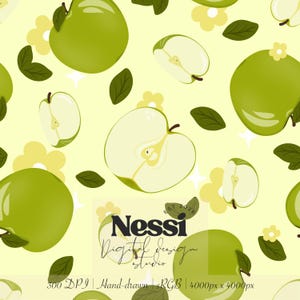 May include: A seamless pattern featuring whole and sliced green apples, small yellow flowers, and dark green leaves on a pale yellow background. A logo with the text Nessi Digital Design Studio and the year 2026 is centred on the image.