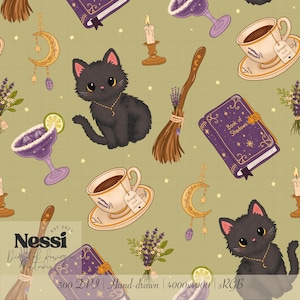 Könnte beinhalten: Ein nahtloses Muster mit einer schwarzen Katze, einem Besen, einem Buch, Teetassen und Cocktails. Goldene Halbmond-Anhänger, Kerzen und Lavendelsträuße auf hellgrünem Hintergrund. Der Text "Book of Shadows" ist auf einem lila Buch zu sehen. Handgezeichnet.