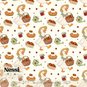 May include: A repeating pattern featuring a cartoon goose wearing a straw hat and carrying a basket of strawberries. Other elements include strawberry pies, jam jars, watering cans, and wooden crates labeled "Sweet Things."