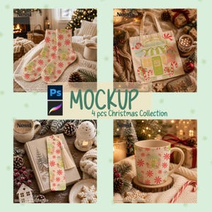 May include: A 4-piece Christmas collection mockup featuring a pair of socks, a canvas tote bag, a bookmark, and a ceramic mug. Each item displays a repeating pattern of red peppermint candies and a small green bakery shop illustration.