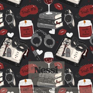 May include: A repeating pattern on a dark background featuring illustrations of red sleep masks with the text Trust Me, wristwatches, stacks of books labeled Behave and Signed & Sealed, wine glasses, handcuffs, red lipstick, and candles labeled Vanilla & Leather.