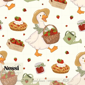 May include: A repeating pattern featuring a cartoon goose wearing a straw hat and carrying a basket of strawberries. Other elements include strawberry pies, wooden crates labeled "Sweet Things", strawberry jam jars, and a watering can. The design has a light cream background.