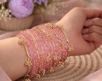 Pink Kashmiri Ghungroo Bangles Set | Pink Glass Bridal Churiya | Gold Ghungroo Bangles | Rose Design Wedding Bangles