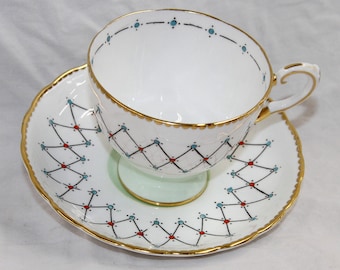 Tuscan Tea Cup and Saucer Set - Geometric Dots with Gold Trim - Pattern P9155 - England Bone China - Vintage 1950s
