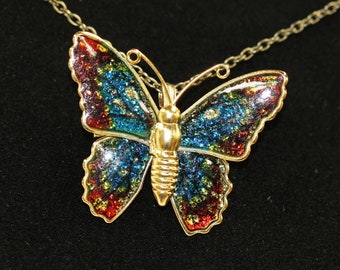 Vintage Butterfly Pendant - Rainbow Butterfly Brooch - Gold Tone and Sparkly Pin