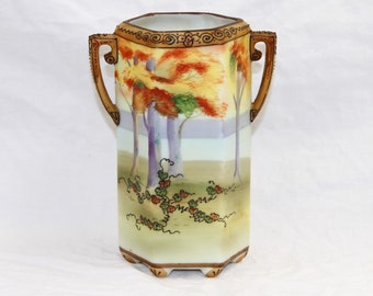 Nippon Vase - Porcelain Hand Painted Vase - 2 Handle Hexagon w/Moriage - Vintage 1910s