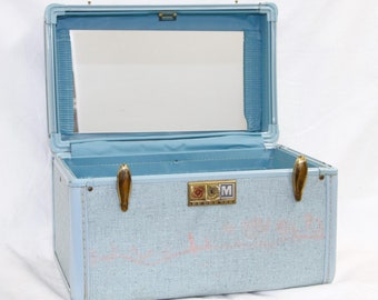 Samsonite Streamlite Travel Case - Light Blue Tweed - Includes Mirror and Key - Vintage Make-up Case - Train Case - Vintage Luggage 1950&#39;s