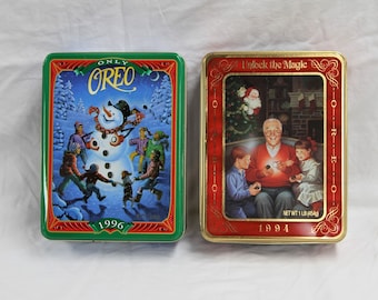 Oreo Holiday Tins 1994 and 1996 - Grandfather Remembers - The Snowman Game - Storage - Crafts - Cookie Tin - Vintage 1990s
