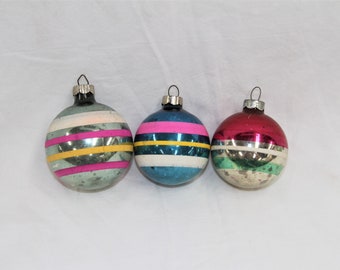 Shiny Brite Ornaments - Set of 3 - Silvered Metal Cap Glass Ornaments - Blue and Silver with Stripes - 1940s