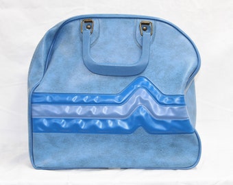 Vintage Blue Stripe Bowling Ball Bag - Faux Leather Carrying Bag - Retro Bowling Case 1980&#39;s