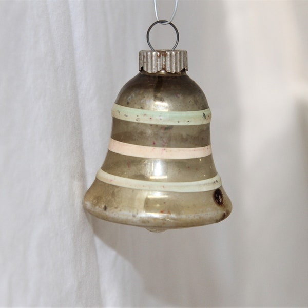 Shiny Brite Ornament - Silver Bell with Stripes - Silvered Metal Cap Glass Ornaments - Mercury Glass - 1950s