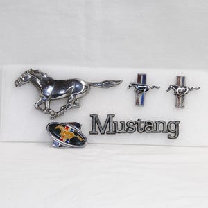 Vintage Ford Mustang Parts - Front Grille Emblem, Front Fender Script, Glove Box Emblem, Air Cleaner Wing Nut - 1965-1978