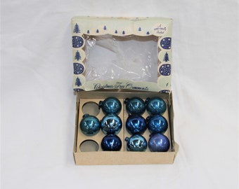 Miniature Blue Shiny Brite Ornaments - Set of 10 with Box - Silvered Glass Ornaments - Mercury Glass - 1940s