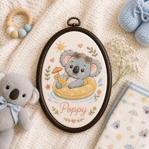 Personalized Pool Koala Embroidery, Custom Name Summer Nursery Art, Newborn Keepsake