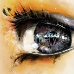 May include: A close-up of a human eye with long black eyelashes. The iris is a dark blue with a hint of purple and white. The eye is surrounded by a soft, orange and yellow background.