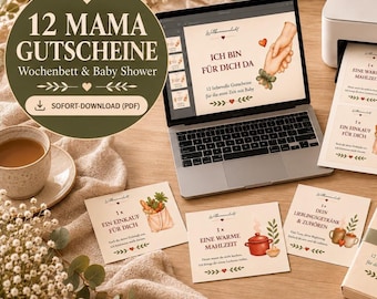 Certificado de regalo para futuras mamás, regalo posparto, 12 vales para nacimiento y baby shower, PDF imprimible, regalo para mujeres embarazadas