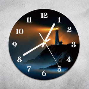 Leuchtturm Wanduhr, gehärtetes Glas Stille runde Wanduhr, Küsten Wohnzimmer Dekor, Einweihungsparty Geschenk