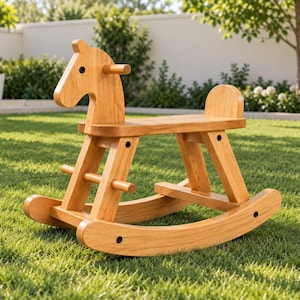 Puede incluir: Un caballito balancín de madera de color marrón claro con acabado liso, un diseño de cabeza sencillo con un ojo circular oscuro, un manillar horizontal, un asiento plano, un pequeño respaldo y dos balancines curvos unidos por travesaños.