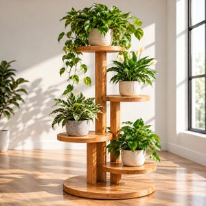 May include: A multi-tiered wooden plant stand with a central vertical support and five circular shelves at varying heights. The stand holds four potted plants, including a trailing pothos, a peace lily, and two other leafy green houseplants.