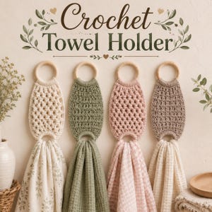 Op de afbeelding: Vier gehaakte handdoekhouders met houten ringen, elk met een uniek gestructureerd patroon in crème, saliegroen, oudroze en beige. De tekst Crochet Towel Holder staat boven de items, die zijn gecombineerd met bijpassende stoffen handdoeken.