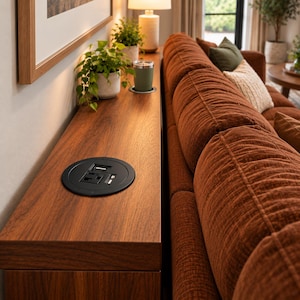 Op de afbeelding: Een lange, smalle houten consoletafel met een donkere houtnerfafwerking, voorzien van een rond zwart stopcontact met twee USB-poorten en één standaard stopcontact dat verzonken in het bovenoppervlak is geplaatst, naast een textuurrijke roestkleurige bank.